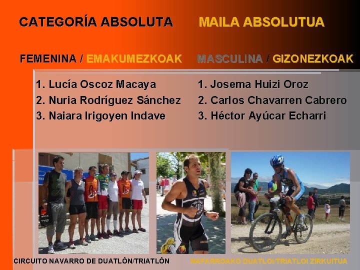 CATEGORÍA ABSOLUTA MAILA ABSOLUTUA FEMENINA / EMAKUMEZKOAK MASCULINA / GIZONEZKOAK 1. Lucía Oscoz Macaya