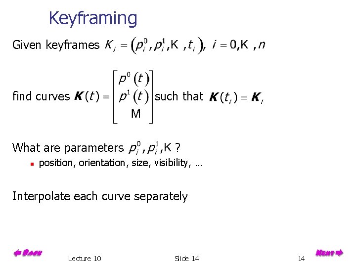 Keyframing Given keyframes find curves What are parameters n such that ? position, orientation,