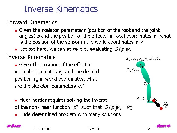 Inverse Kinematics Forward Kinematics n n Given the skeleton parameters (position of the root