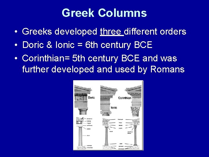 Greek Columns • Greeks developed three different orders • Doric & Ionic = 6