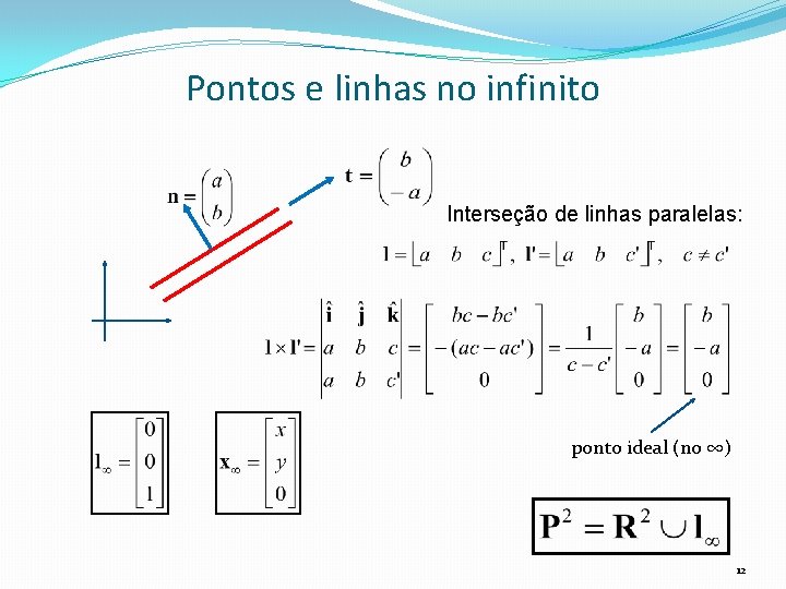 Pontos e linhas no infinito Interseção de linhas paralelas: ponto ideal (no ∞) 12