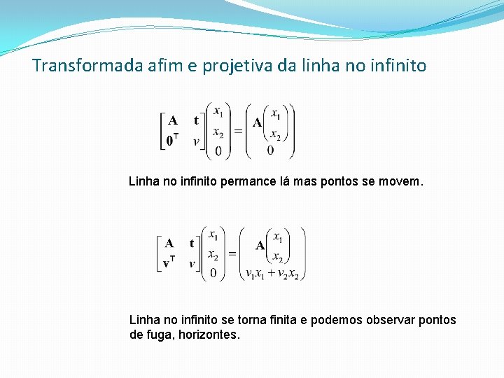 Transformada afim e projetiva da linha no infinito Linha no infinito permance lá mas