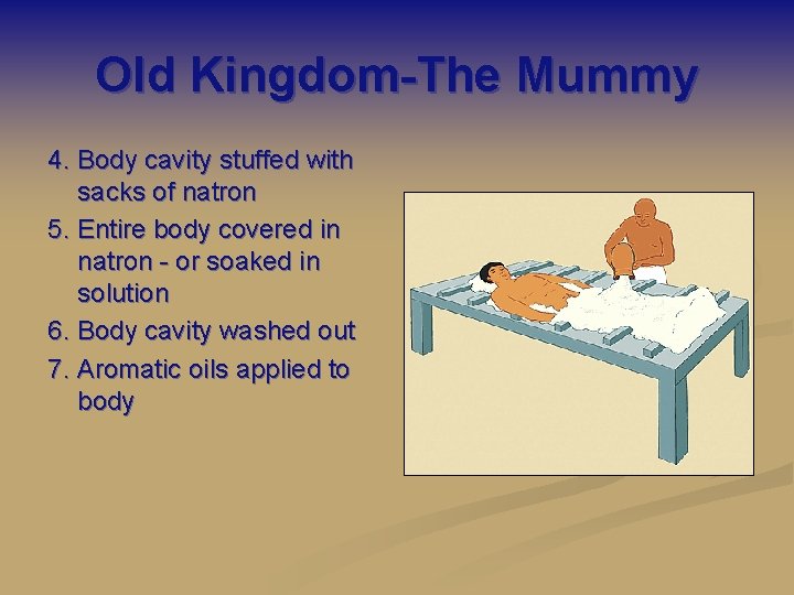 Old Kingdom-The Mummy 4. Body cavity stuffed with sacks of natron 5. Entire body