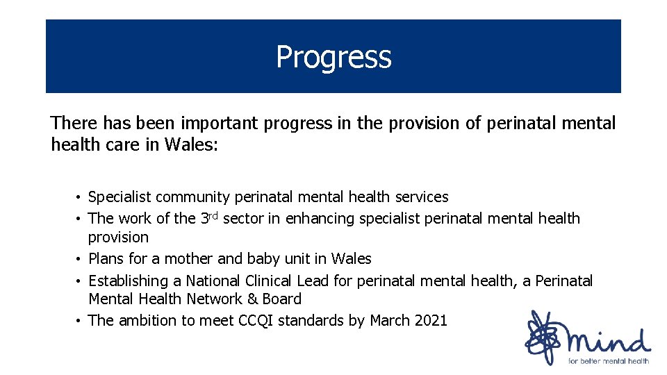 Progress There has been important progress in the provision of perinatal mental health care Progress There has been important progress in the provision of perinatal mental health care
