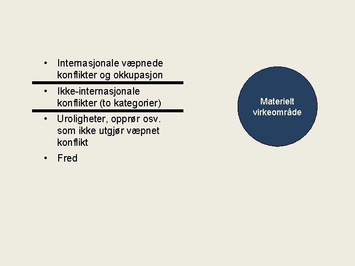  • Internasjonale væpnede konflikter og okkupasjon • Ikke-internasjonale konflikter (to kategorier) • Uroligheter,