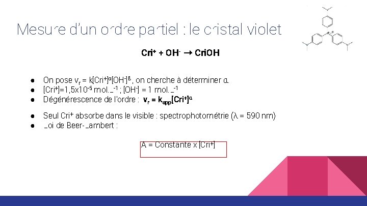 Mesure d’un ordre partiel : le cristal violet Cri+ + OH- ➝ Cri. OH