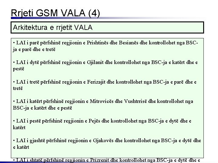 Rrjeti GSM VALA (4) Arkitektura e rrjetit VALA • LAI i parë përfshinë regjionin