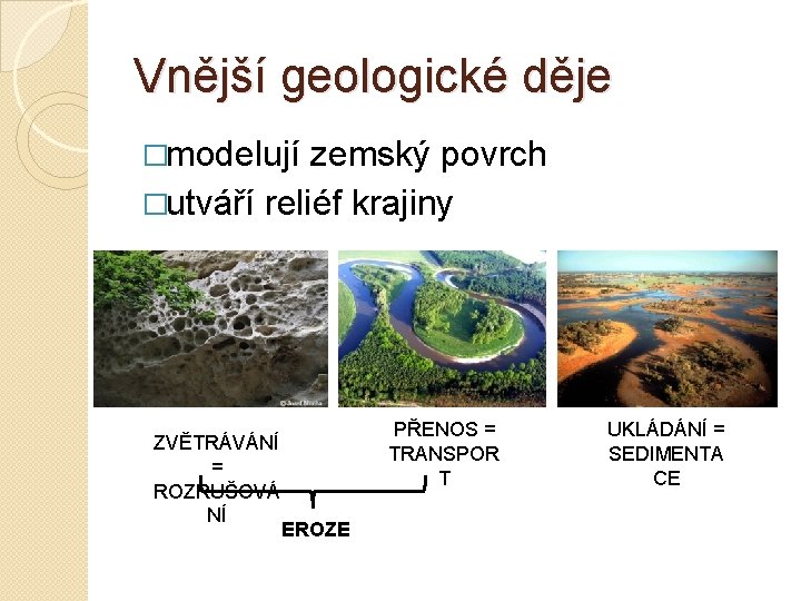 Vnější geologické děje �modelují zemský povrch �utváří reliéf krajiny ZVĚTRÁVÁNÍ = ROZRUŠOVÁ NÍ PŘENOS