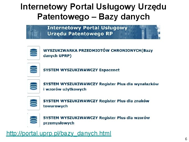 Internetowy Portal Usługowy Urzędu Patentowego – Bazy danych http: //portal. uprp. pl/bazy_danych. html 6