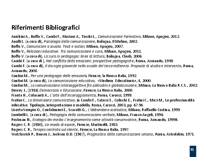 Riferimenti Bibliografici Anichini A. , Boffo V. , Cambi F. , Mariani A. ,
