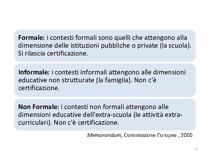 I contesti dell’Educazione Formale: i contesti formali sono quelli che attengono alla dimensione delle