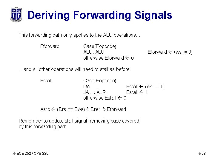 Deriving Forwarding Signals This forwarding path only applies to the ALU operations… Eforward Case(Eopcode)