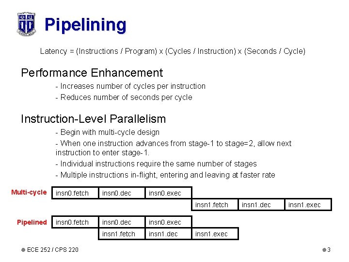 Pipelining Latency = (Instructions / Program) x (Cycles / Instruction) x (Seconds / Cycle)