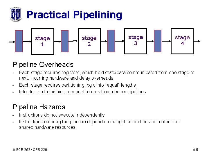 Practical Pipelining stage 1 stage 2 stage 3 stage 4 Pipeline Overheads - Each