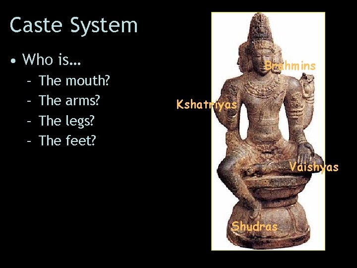 Caste System • Who is… – – The The mouth? arms? legs? feet? Brahmins