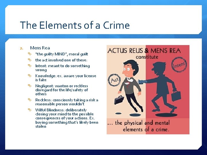 The Elements of a Crime 2. Mens Rea “the guilty MIND”, moral guilt the