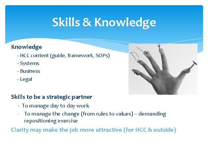 Skills & Knowledge - HCC content (guide, framework, SOPs) - Systems - Business -