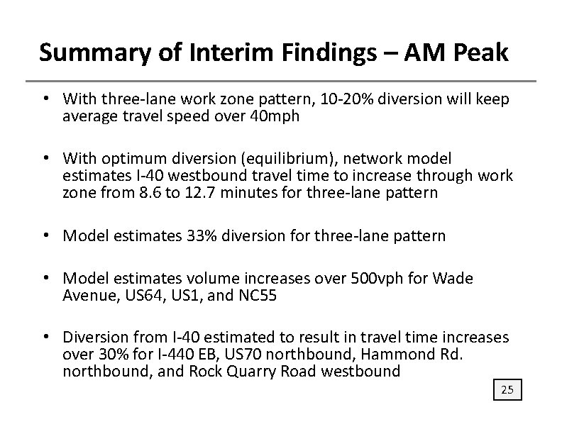 Summary of Interim Findings – AM Peak • With three‐lane work zone pattern, 10‐