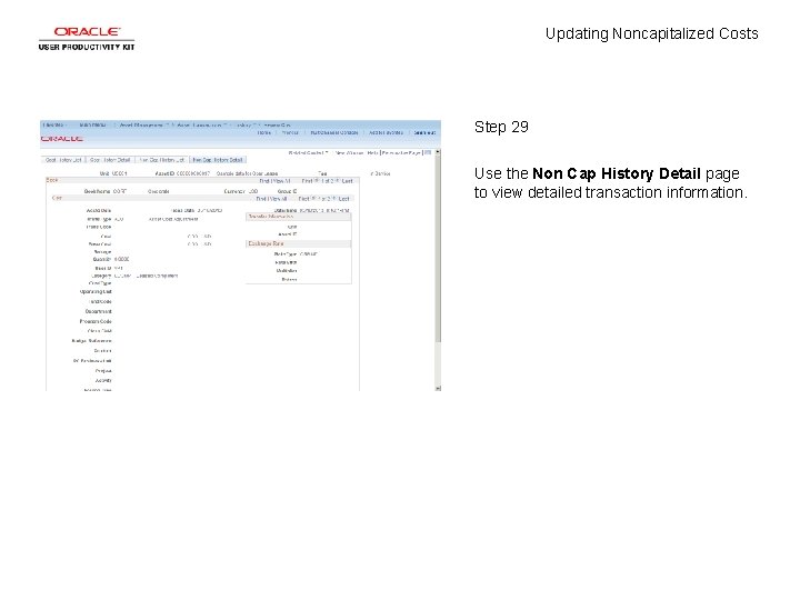 Updating Noncapitalized Costs Step 29 Use the Non Cap History Detail page to view