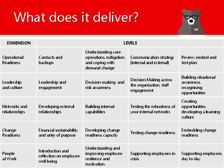 What does it deliver? DIMENSION Operational Readiness Leadership and culture LEVELS Contacts and backups