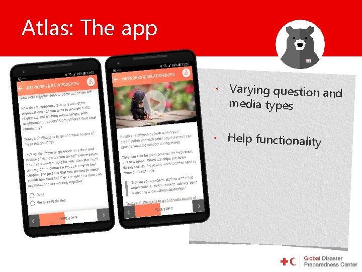 Atlas: The app • Varying question and media types • Help functionality 