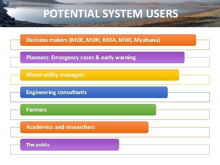 POTENTIAL SYSTEM USERS Decision makers (MOE, MOH, MOA, MWI, Myahuna) Planners: Emergency cases &