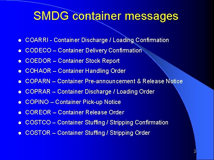 SMDG container messages l COARRI - Container Discharge / Loading Confirmation l CODECO –