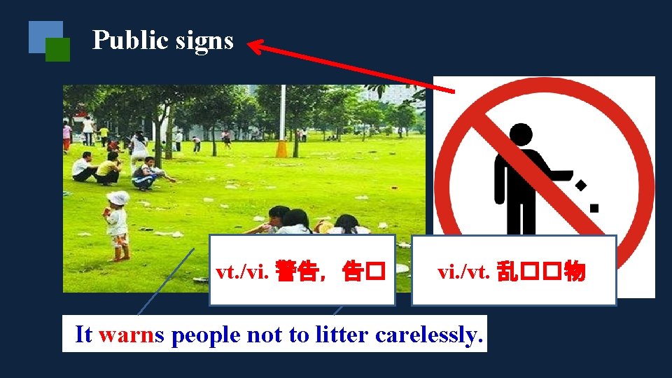 Public signs vt. /vi. 警告，告� vi. /vt. 乱��物 It warns people not to litter