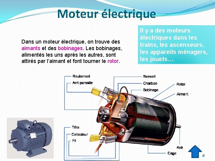 Moteur électrique Dans un moteur électrique, on trouve des aimants et des bobinages. Les