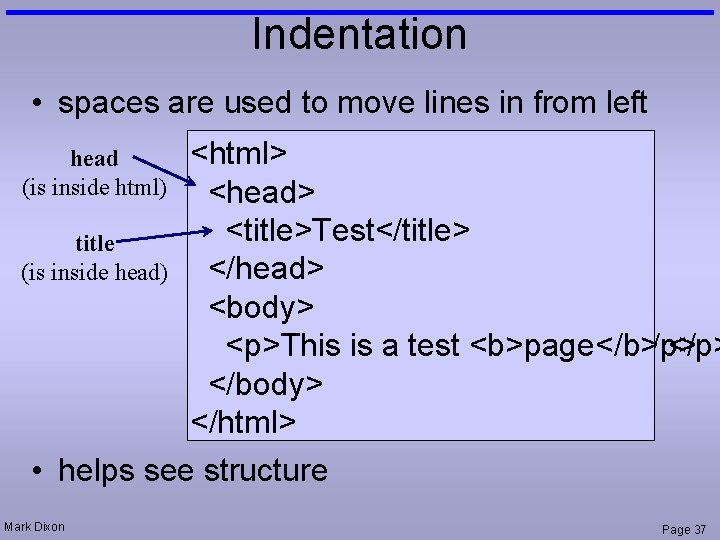Indentation • spaces are used to move lines in from left head (is inside