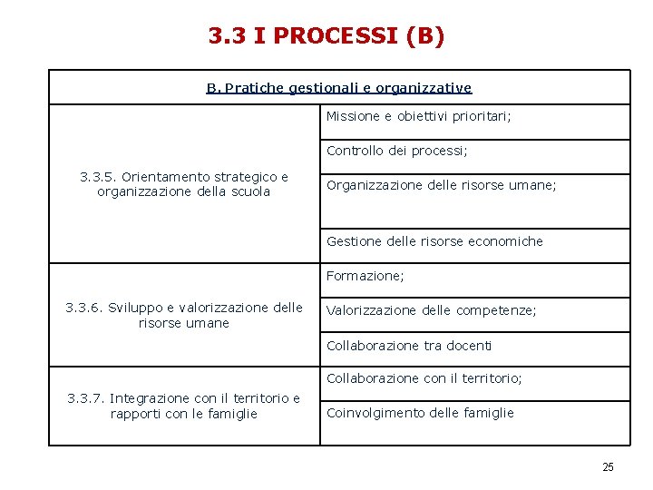 3. 3 I PROCESSI (B) B. Pratiche gestionali e organizzative Missione e obiettivi prioritari;