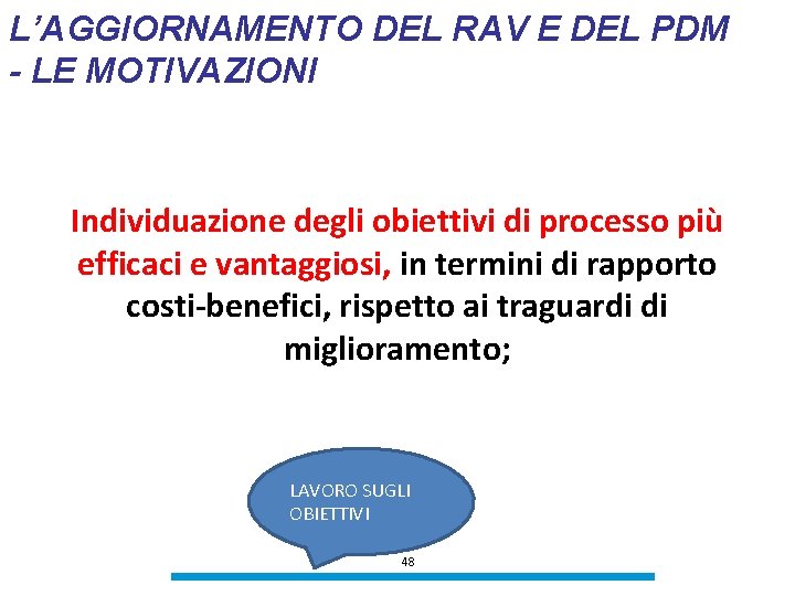 L’AGGIORNAMENTO DEL RAV E DEL PDM - LE MOTIVAZIONI Individuazione degli obiettivi di processo