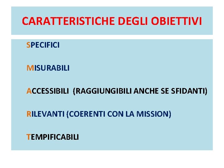 CARATTERISTICHE DEGLI OBIETTIVI SPECIFICI MISURABILI ACCESSIBILI (RAGGIUNGIBILI ANCHE SE SFIDANTI) RILEVANTI (COERENTI CON LA