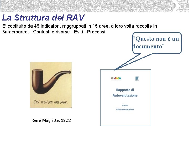 La Struttura del RAV E' costituito da 49 indicatori, raggruppati in 15 aree, a