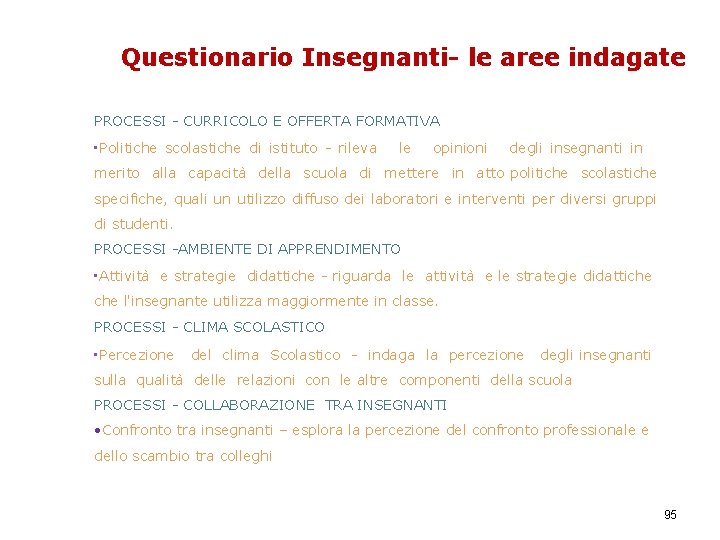 Questionario Insegnanti- le aree indagate PROCESSI - CURRICOLO E OFFERTA FORMATIVA • Politiche scolastiche