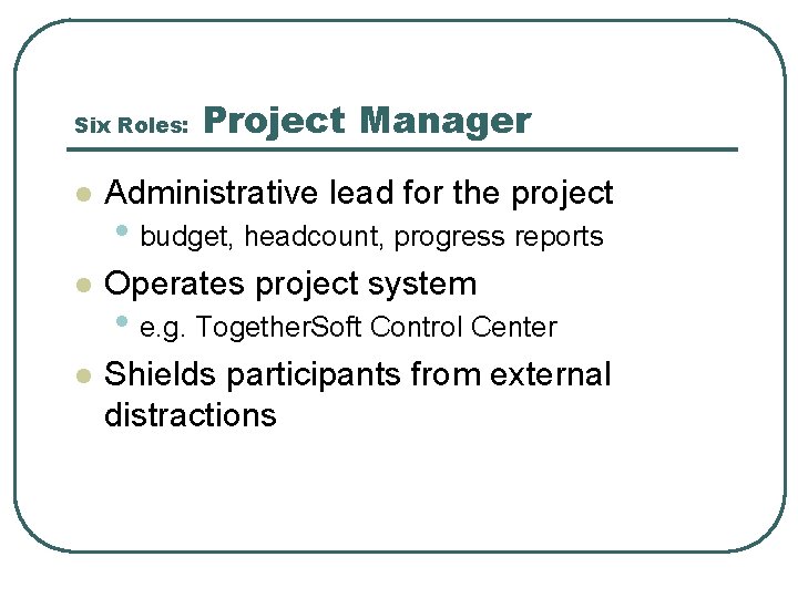 Six Roles: Project Manager l Administrative lead for the project l Operates project system