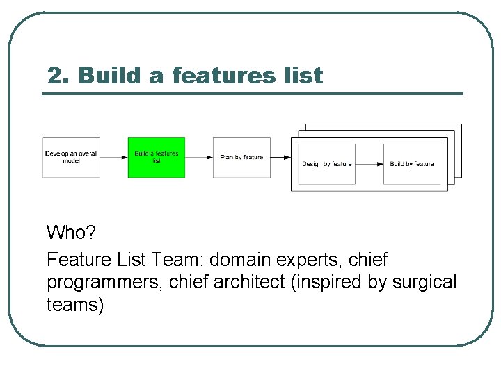 2. Build a features list Who? Feature List Team: domain experts, chief programmers, chief