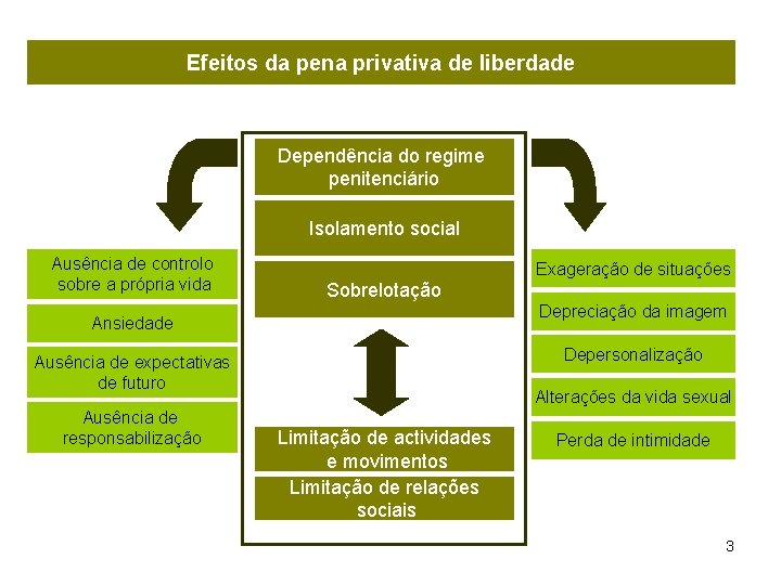 Efeitos da pena privativa de liberdade Dependência do regime penitenciário Isolamento social Ausência de