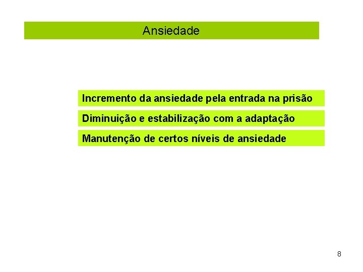 Ansiedade Incremento da ansiedade pela entrada na prisão Diminuição e estabilização com a adaptação