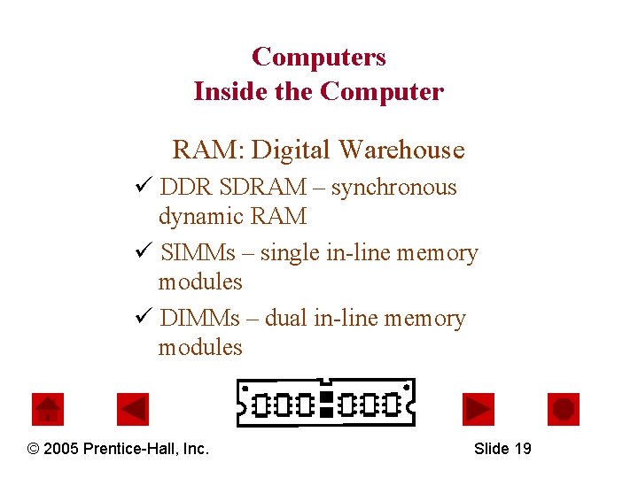 Computers Inside the Computer RAM: Digital Warehouse ü DDR SDRAM – synchronous dynamic RAM