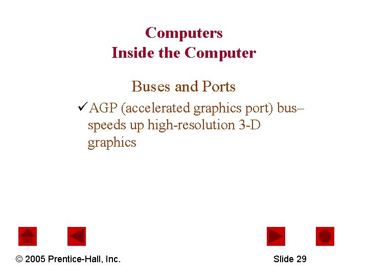 Computers Inside the Computer Buses and Ports üAGP (accelerated graphics port) bus– speeds up