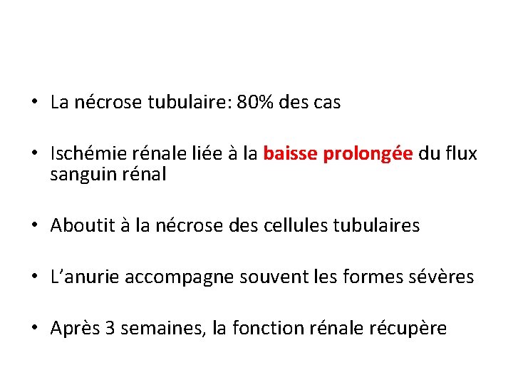  • La nécrose tubulaire: 80% des cas • Ischémie rénale liée à la