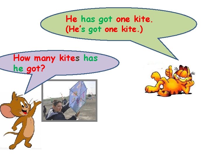 He has got one kite. (He’s got one kite. ) How many kites has