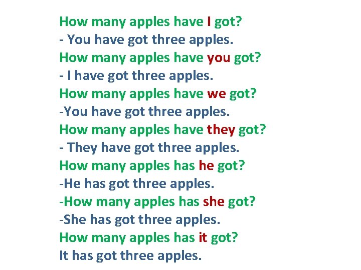How many apples have I got? - You have got three apples. How many