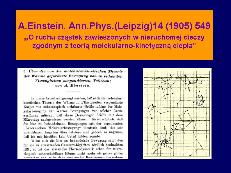 A. Einstein. Ann. Phys. (Leipzig)14 (1905) 549 „O ruchu cząstek zawieszonych w nieruchomej cieczy