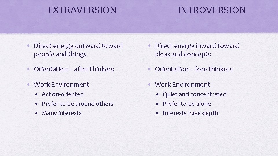 EXTRAVERSION INTROVERSION • Direct energy outward toward people and things • Direct energy inward