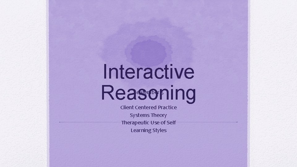 Interactive Reasoning September 5 Client Centered Practice Systems Theory Therapeutic Use of Self Learning
