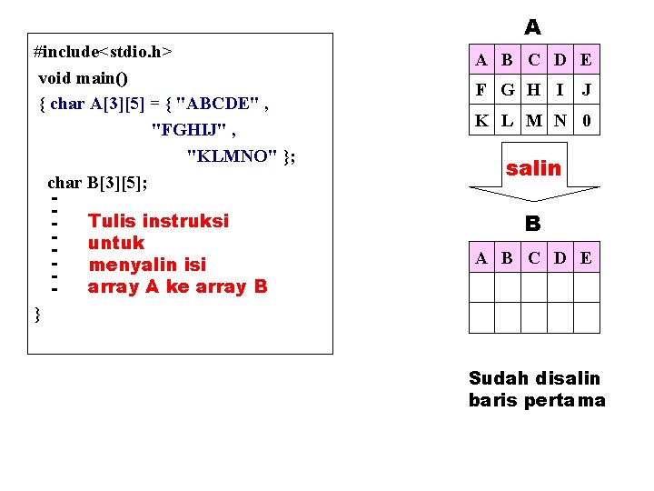 #include<stdio. h> void main() { char A[3][5] = { "ABCDE" , "FGHIJ" , "KLMNO"