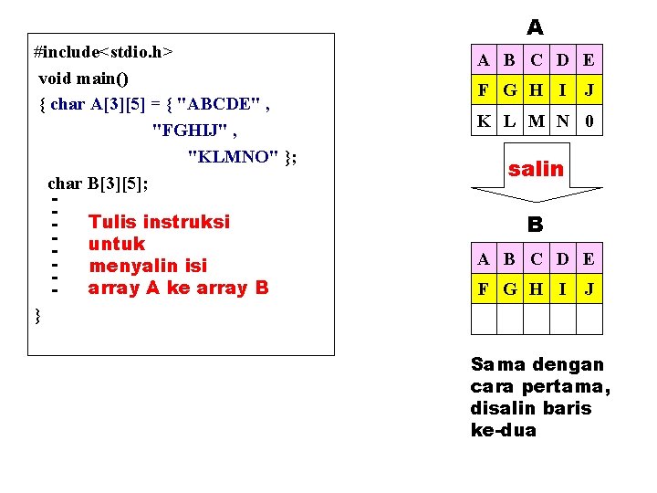 #include<stdio. h> void main() { char A[3][5] = { "ABCDE" , "FGHIJ" , "KLMNO"