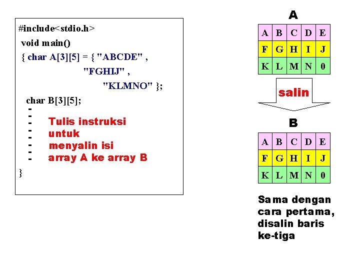 #include<stdio. h> void main() { char A[3][5] = { "ABCDE" , "FGHIJ" , "KLMNO"